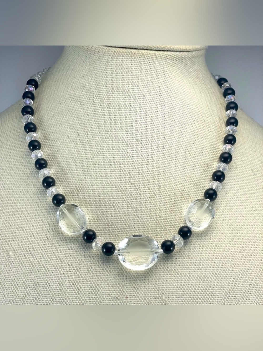 Artisan Made Hand Made High Contrast Black Clear Class Beaded Necklace Statement